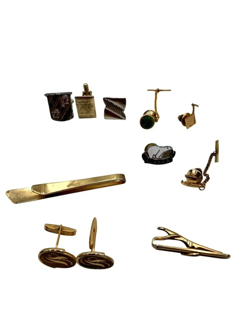 Vintage Gold-Tone Tie Clips & Cufflinks Assorted Lot With Alaska Lapel Pin & Mor